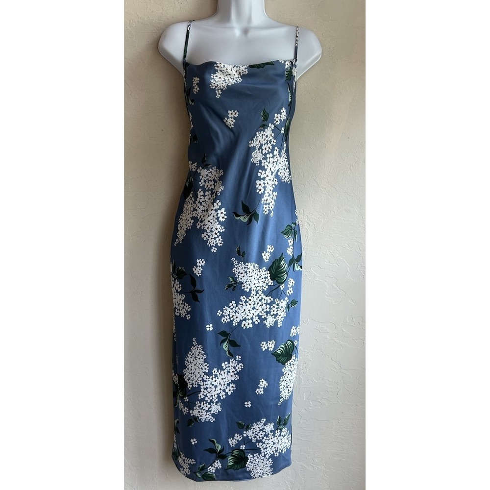 Keepsake Cowl Neck Midi Slip Dress M Blue Floral Romantic Feminine Satin
